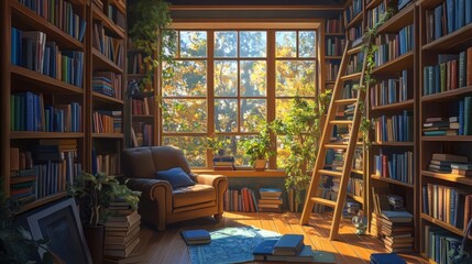 Sunlit Library Room Filled With Books And Plants