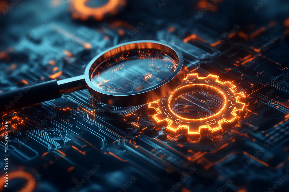 Poster a close-up view of a magnifying glass over a digital circuit board with a glowing gear symbol, repre