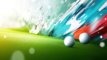 A close-up of a professional golf club striking a ball on a perfectly maintained golf course, with morning dew and soft sunlight adding realism.