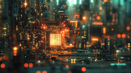 Fototapeta premium Close-up of Microchip and Circuit Board with Illuminated LED Lights