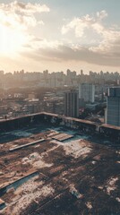 Urban Rooftop View at Sunset Over City Skyline and Buildings