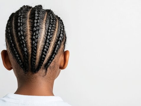 Young girl with braid hairstyle and cornrows posing in a realistic photography setting with copy space