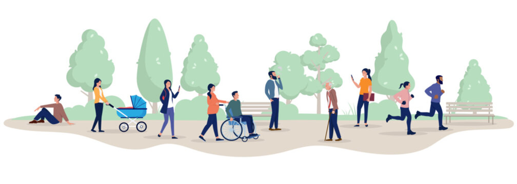 People outdoors in city park or nature - Group of vector characters doing various leisure activities outside in fresh air, enjoying time off or weekend. Flat design illustration on white background