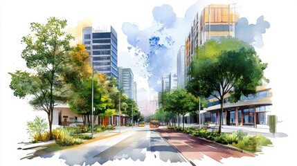 Obraz premium vibrant cityscape blending modern architecture with lush greenery, featuring tall buildings, tree lined streets, and peaceful urban environment. scene captures harmonious mix of nature and urban