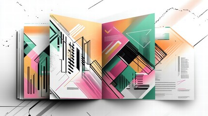 A corporate brochure with a professional design, showcasing company services, testimonials, and a strong brand identity with geometric elements.