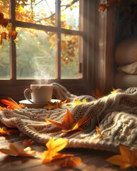 A Cozy Autumn Setting with a Steaming Mug of Coffee
