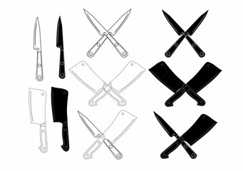 Set Vector illustration of chef knives and cleavers in outline, silhouette, and detailed styles. Perfect for culinary, kitchen tools, butcher, restaurant, and food-related designs.