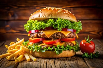 Delicious Juicy Double Cheeseburger with Golden Fries - Comfort Food Photography