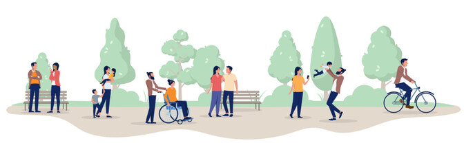 Park activities people - Group of pedestrians outdoors walking and spending recreational time in the municipal local park at a day off or weekend. Flat design illustration on white background