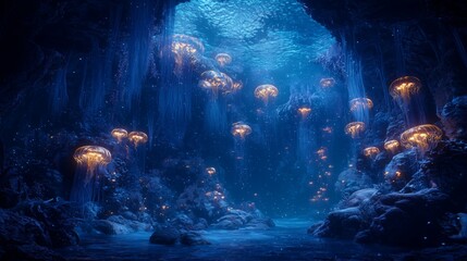 Underwater Scene with Glowing Jellyfish in a Mystical Ocean Cave
