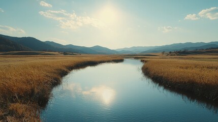Fototapeta premium Serene Landscape with Calm River and Golden Grass Under Sunlight
