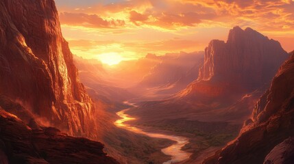 Naklejka premium Majestic Sunset Over Canyon River Valley Landscape