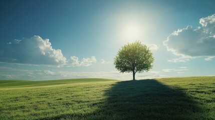 Obraz premium Serenity in a Vast Meadow Featuring a Lone Tree Under Bright Sky