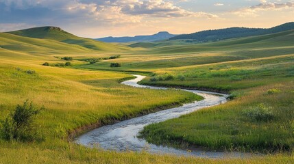 Serene River Flowing Through Lush Green Hills at Golden Hour