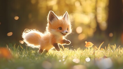Playful Fox Cub in Sunlit Forest with Falling Leaves and Warm Glow