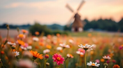 Blooming flowers dance in the warm sunlight with a distant windmill painting a tranquil landscape alive with color