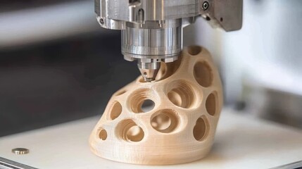 Fototapeta premium 3D printer creating an intricate wooden object with multiple holes and curves.