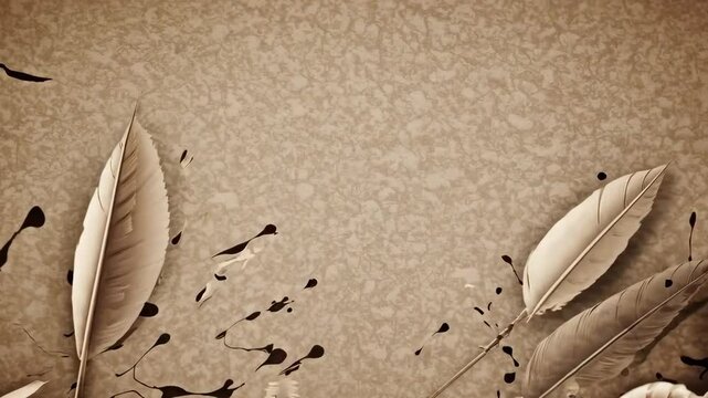Ink splatters and feather details on aged parchment background