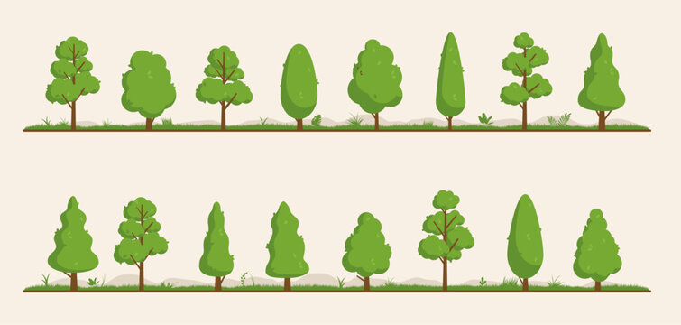 Vector tree collection - Set or bundle of various simple cute cartoon 2d trees in flat design lines up on line with grass and foliage. Vector illustration graphic objects or elements background