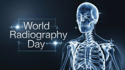 Photo dedicated to the World Radiography Day on a dark background. The design is made in a modern clinical style, with an X-ray image of the skeletal structure. The World Radiography Day test.