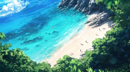 Summer illustration, fresh and soothing style, Aerial view of the pristine turquoise waters and white sandy beaches. A panoramic shot capturing the beauty of a tropical paradise beach