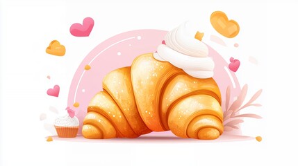 Pixel Art Croissant With Whipped Cream And Cupcake On Pink Background