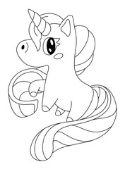 Coloring book page with cute cartoon unicorn