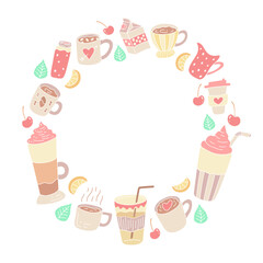 Frame of coffee, tea and sweet treats