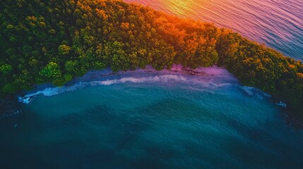 Naklejka premium Aerial View of Serene Beach and Lush Green Forest at Sunset