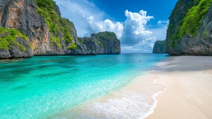 Fototapeta premium Serene Tropical Beach with Crystal Clear Water and Dramatic Cliffs