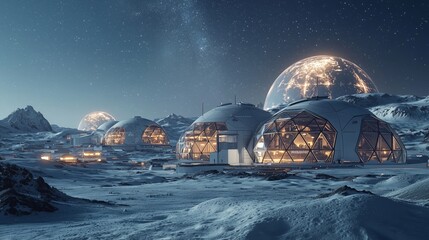 Futuristic Lunar Base with Domed Structures and Earthrise in Background