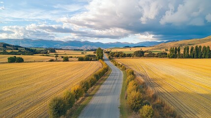 Scenic Country Road Through Golden Fields and Rolling Hills