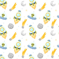 Obraz premium Hand drawn space elements seamless pattern. Space background. Space doodle illustration. Vector illustration. Seamless pattern with cartoon space rockets, planets, stars