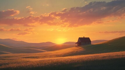 Fototapeta premium Serene Sunset Over Rolling Hills with a Cozy House Silhouette