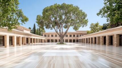Obraz premium Large green tree stands in the center of a symmetrical marble courtyard surrounded by stone colonnades under a clear blue sky.