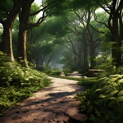 Obraz premium A peaceful forest path surrounded by young trees planted for Arbor Day.