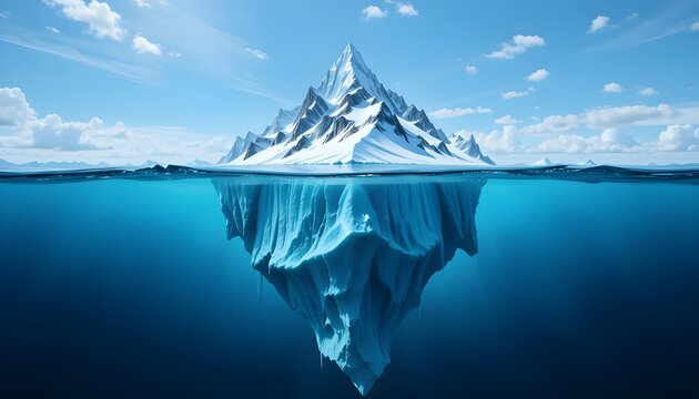 Large iceberg, centered in frame, partially submerged in water, clear blue water above and below, visible ice structure of iceberg with snow-covered top, large portion of iceberg hidden underwater, 