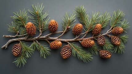 Fototapeta premium Festive Still Life, Pine Branch Adorned with Natural Pine Cones on Muted Gray Background