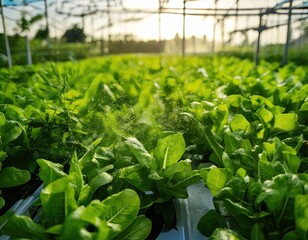 Hydroponic system of young and fresh vegetables spinach growing garden hydroponic agricultural plants on water without soil for health food