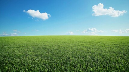 Obraz premium Expansive Green Field Under Clear Blue Sky with Fluffy Clouds