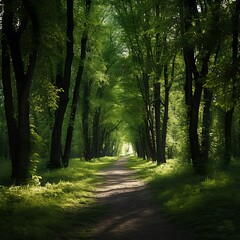 Obraz premium A peaceful forest path surrounded by young trees planted for Arbor Day.