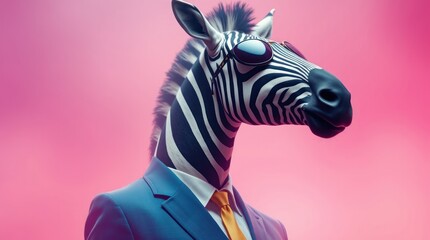 A stylish zebra in a suit and sunglasses, set against a vibrant pink background, exuding confidence