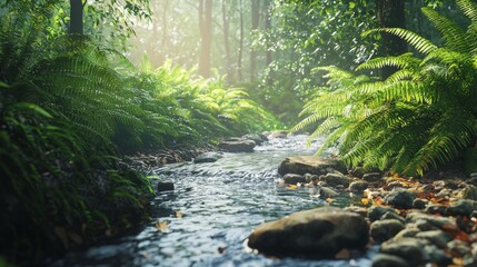 Obraz premium Serene Forest Stream with Lush Ferns and Sunlight Filtering Through Trees