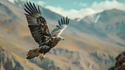 Naklejka premium Majestic Eagle Soaring Over Rugged Mountain