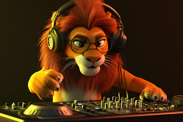 A cartoon lion DJ with glasses mixing music at a vibrant party scene, colorful lights in the background