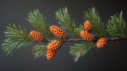 Fototapeta premium Pine Branch Adorned with Cones, a Botanical Closeup Presenting Natural Texture and Vivid Color Contrast