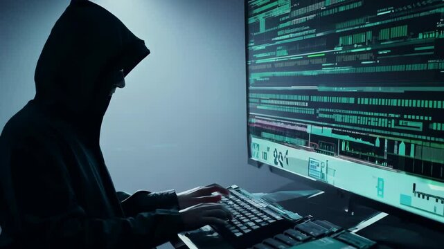 Hooded figure sits in front of a massive monitor, their face illuminated by the screen's glow. Rows of data fill the cyberpunk-style background