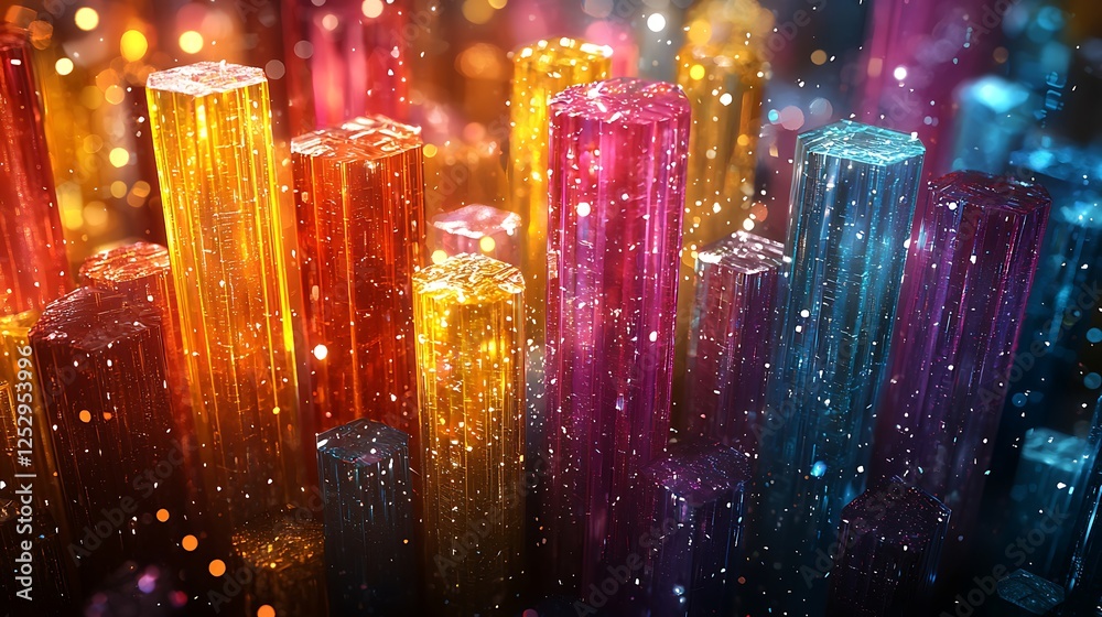 Wall mural ' colorful, shiny crystal columns on a dark surface with glowing particles, for backgrounds.