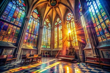 Fototapeta premium Double Exposure: Church Interior, Sunlight & Gothic Architecture Stock Photo