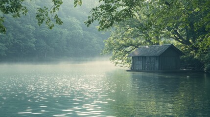 Fototapeta premium Serene Lakeside Cabin Amidst Lush Greenery and Misty Waters